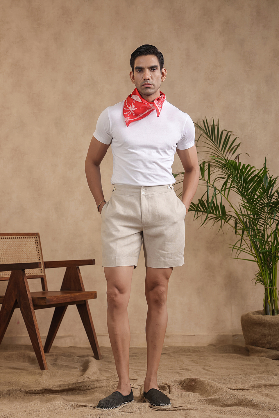 Beige Waist Button Linen Shorts
