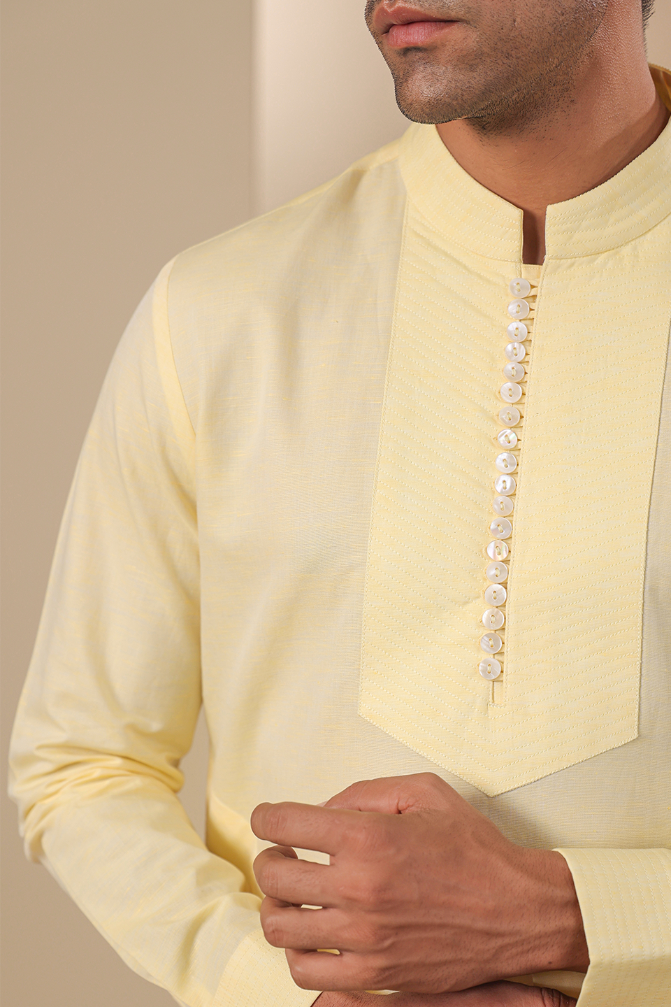 Yellow Multibutton Front Open Kurta