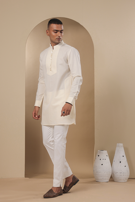 Cream Multibutton Front Open Kurta