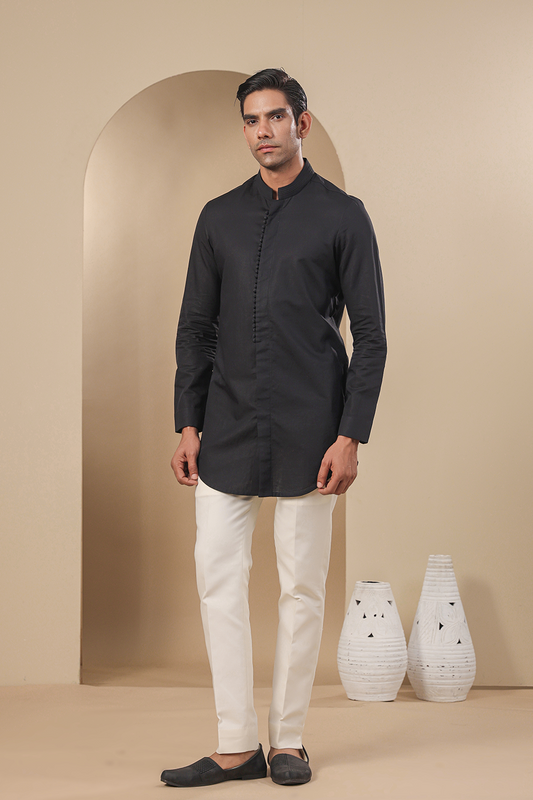 Black Multibutton Front Open Kurta