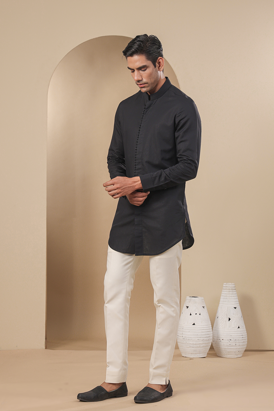 Black Multibutton Front Open Kurta