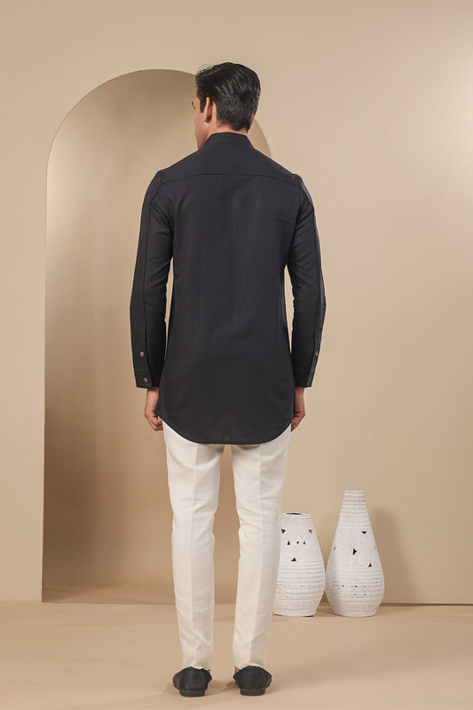 Black Multibutton Front Open Kurta