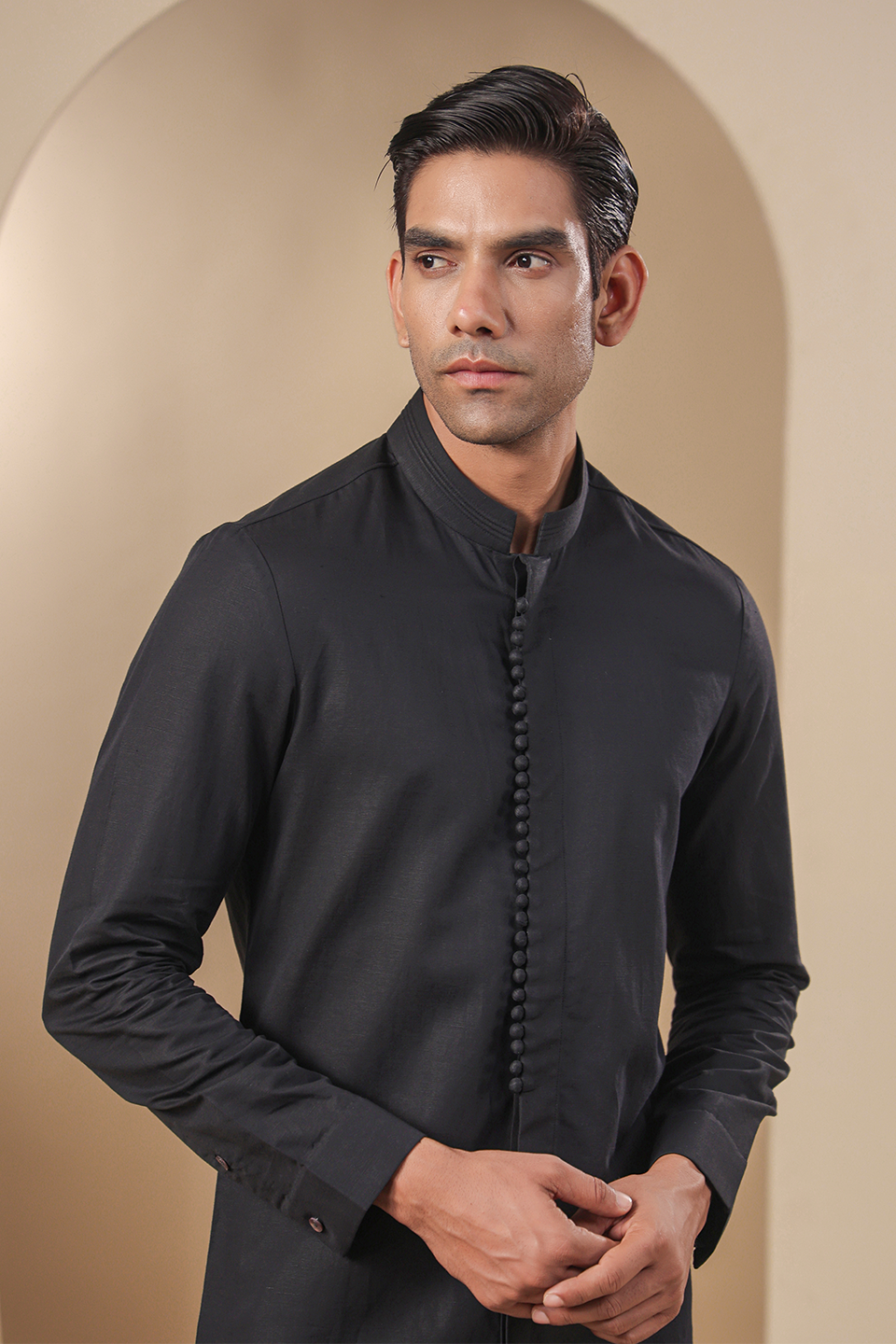 Black Multibutton Front Open Kurta