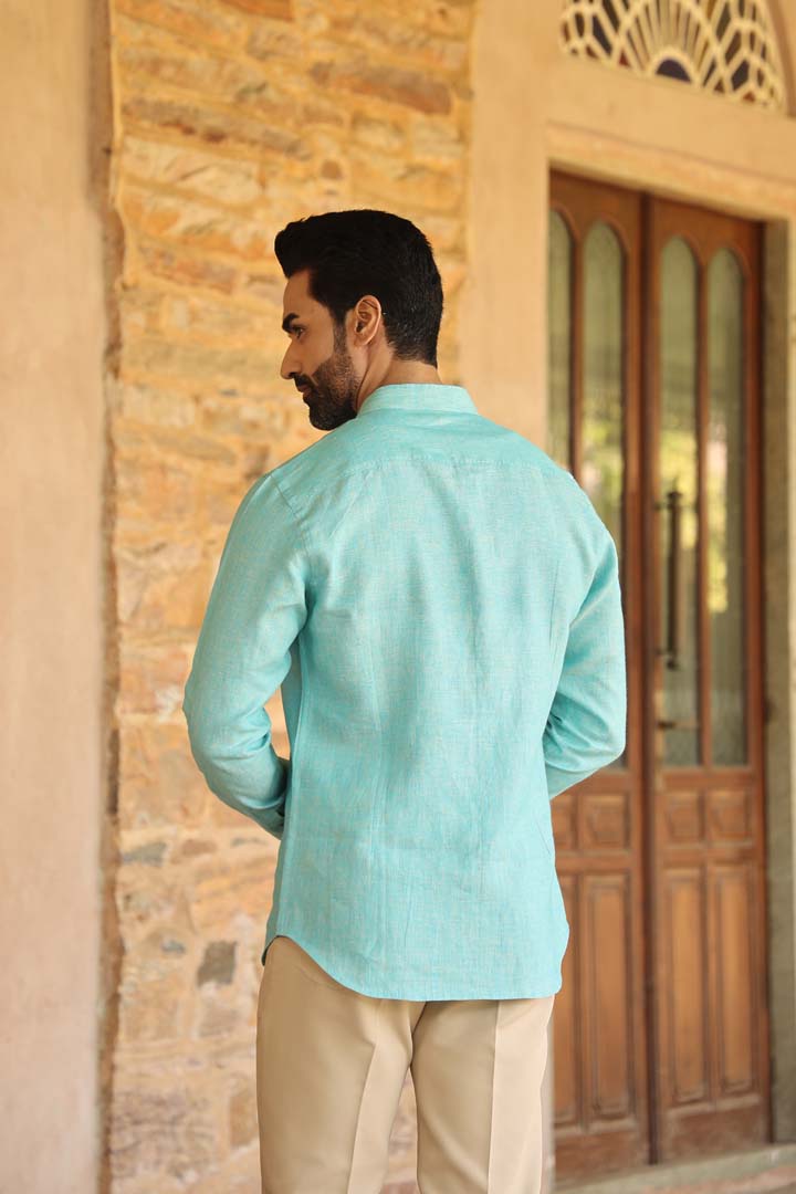 Green Mandarin Knot Linen Shirt