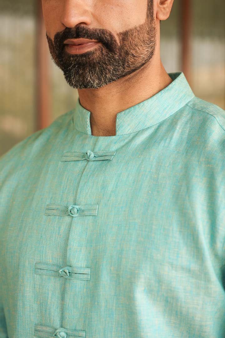 Green Mandarin Knot Linen Shirt