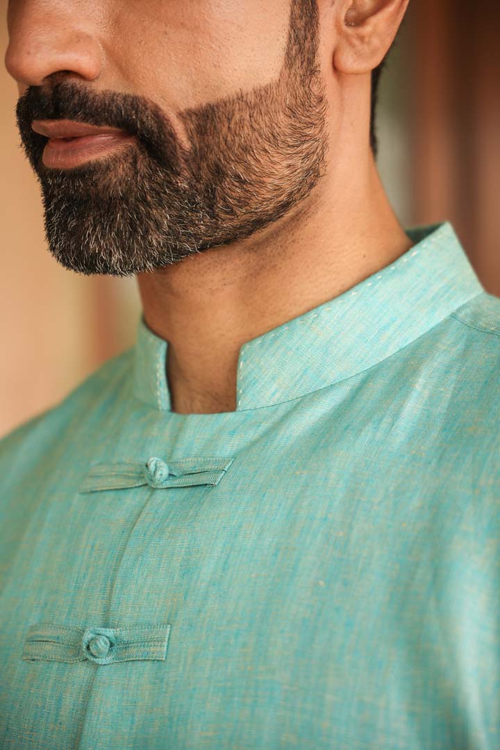 Green Mandarin Knot Linen Shirt