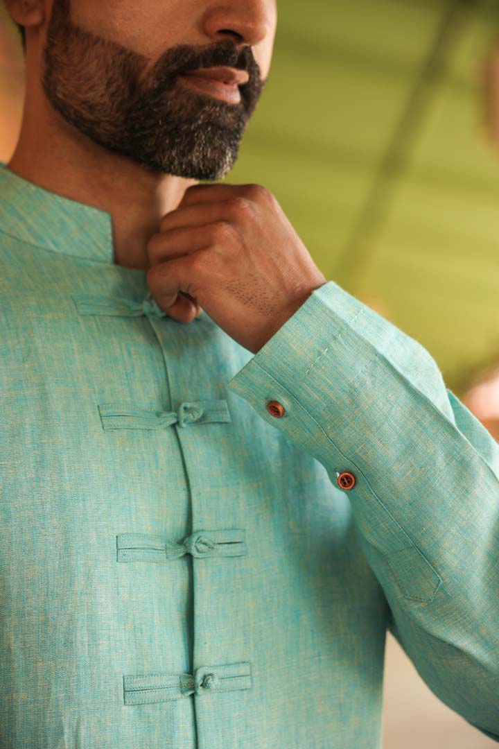 Green Mandarin Knot Linen Shirt