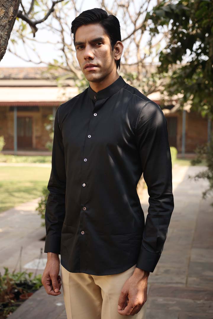 Black Mandarin Threadwork Shirt