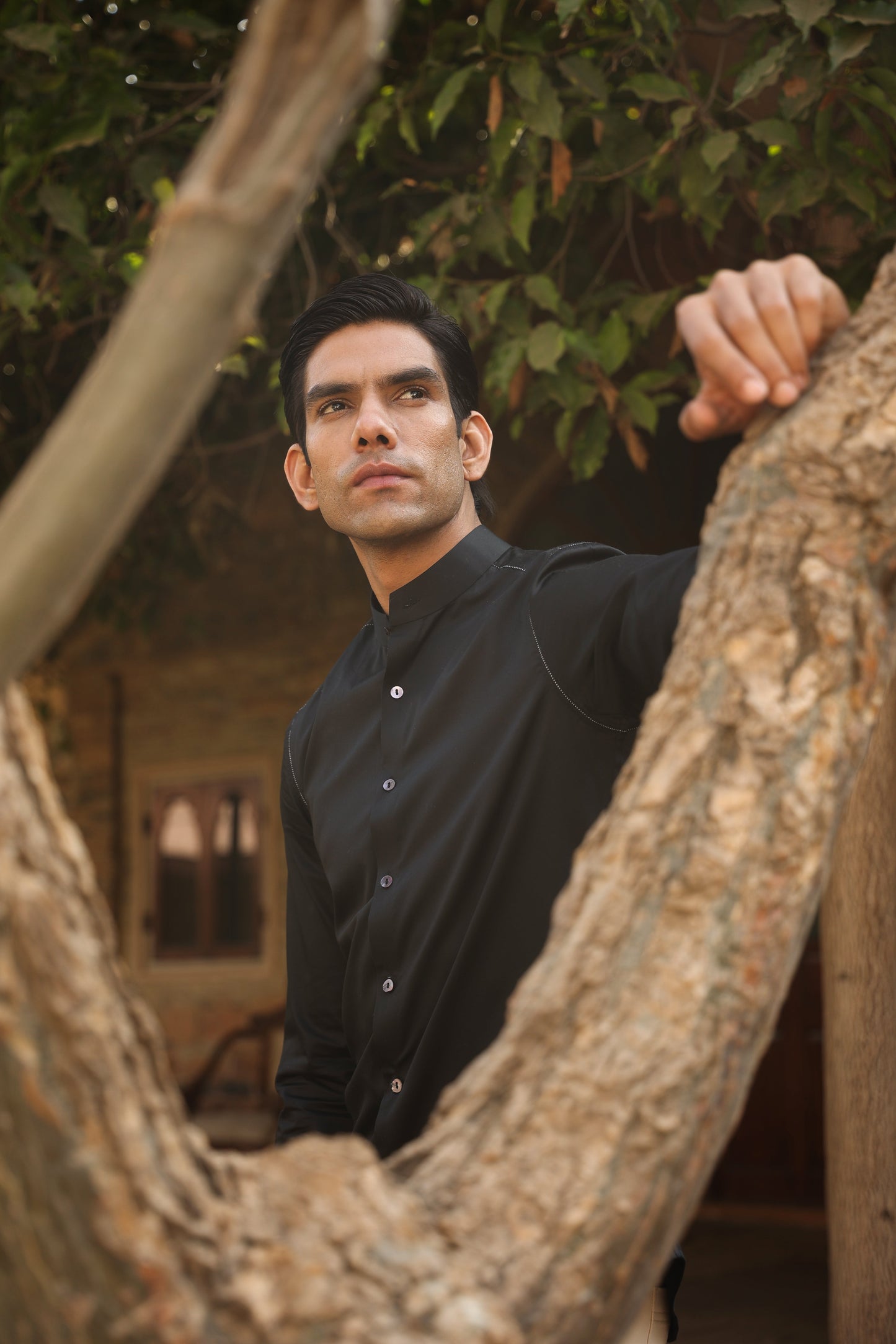 Black Mandarin Threadwork Shirt