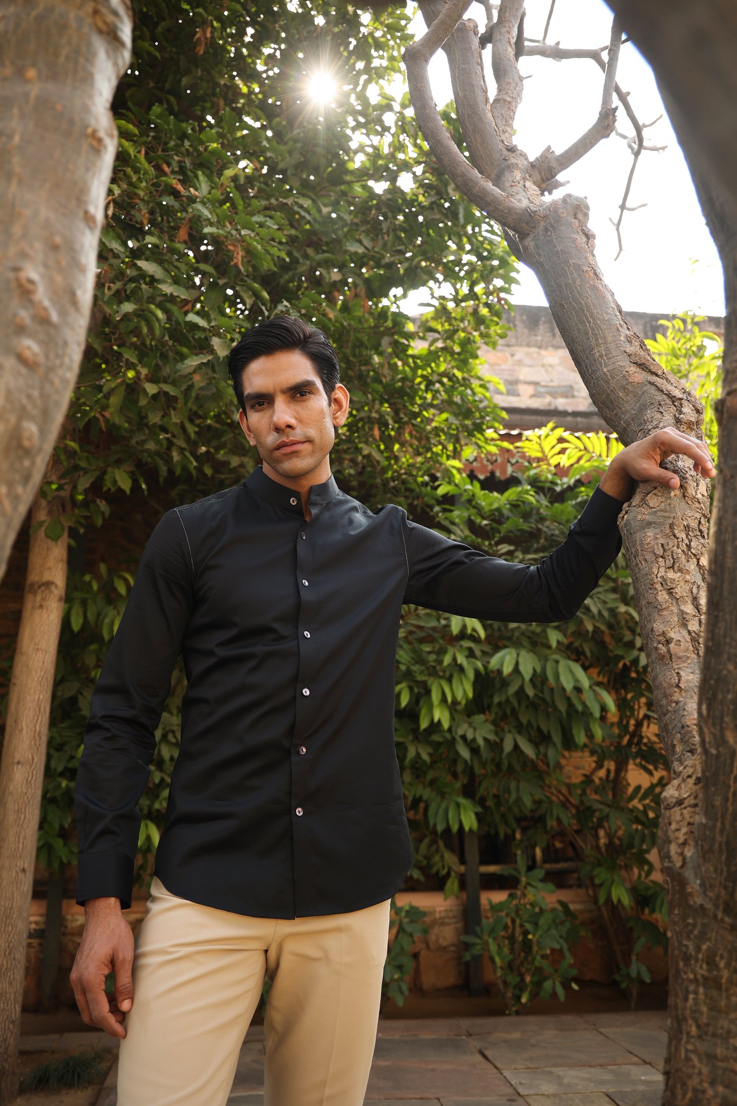 Black Mandarin Threadwork Shirt