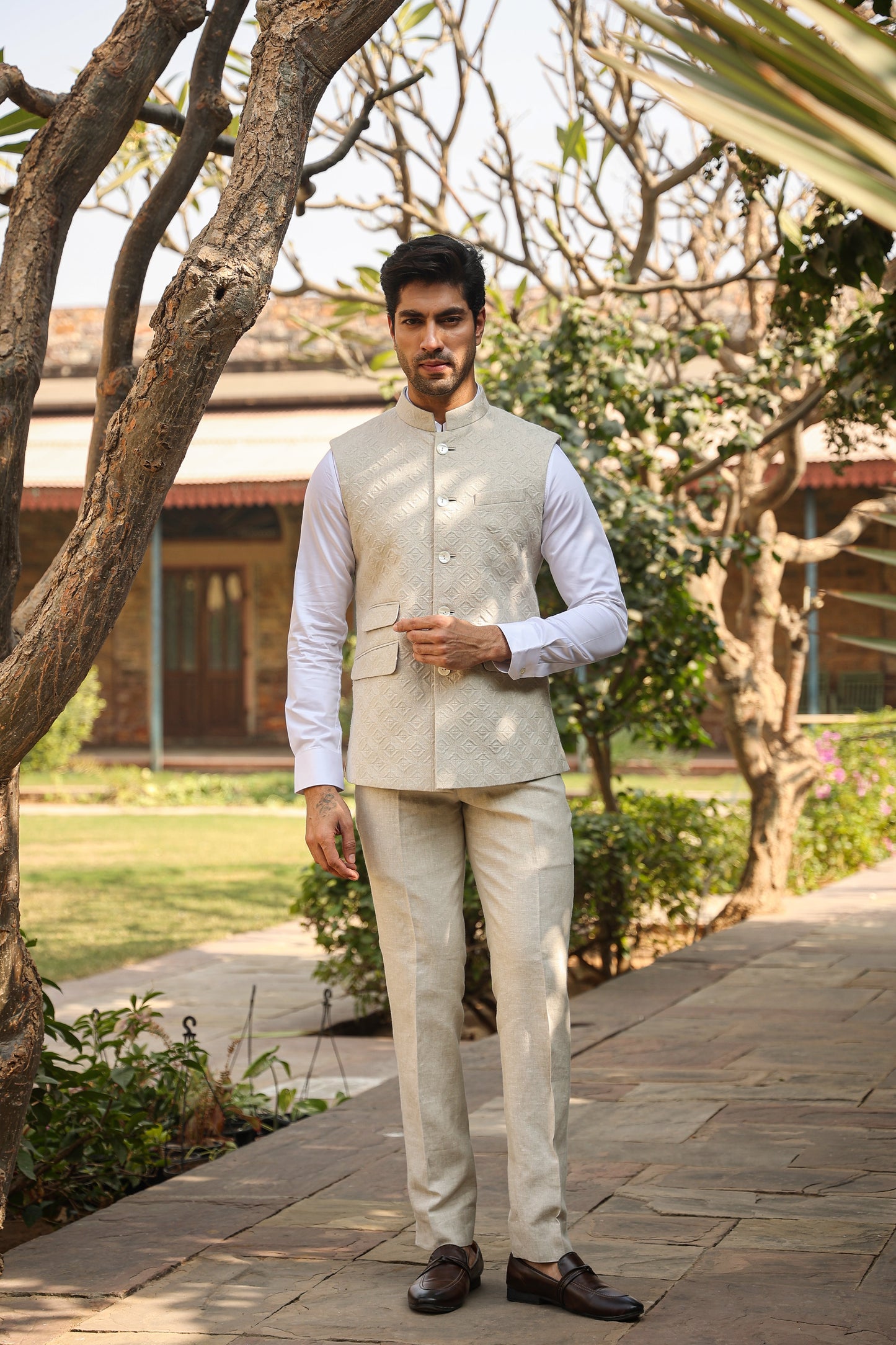 Beige Quilted Checkered Bandi