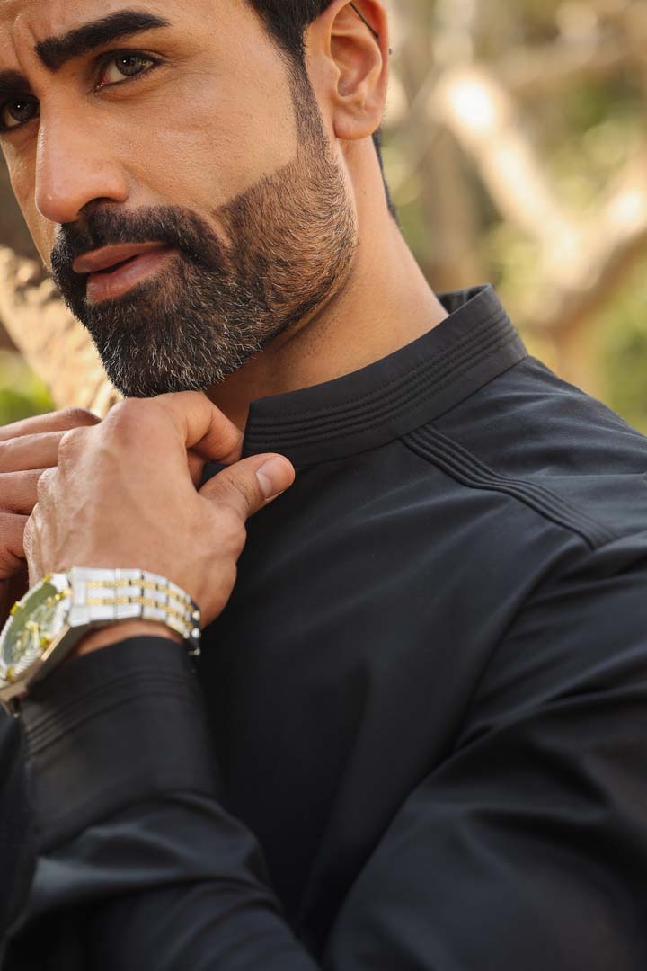 Black Signature Corded Kurta Shirt