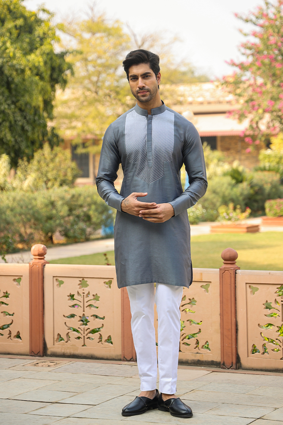 Grey Cross Stitch Ombré Kurta