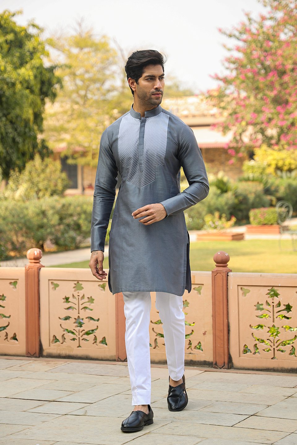 Grey Cross Stitch Ombré Kurta