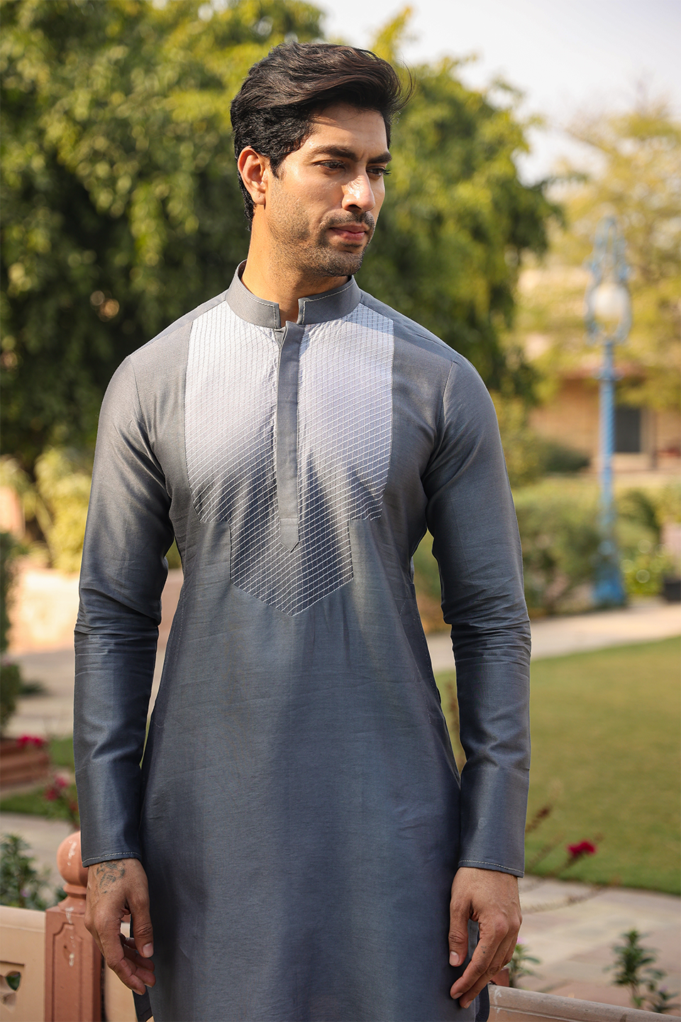 Grey Cross Stitch Ombré Kurta