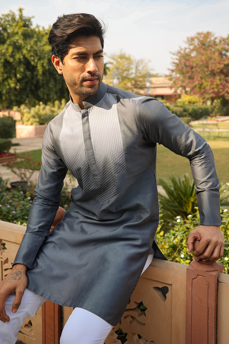 Grey Cross Stitch Ombré Kurta