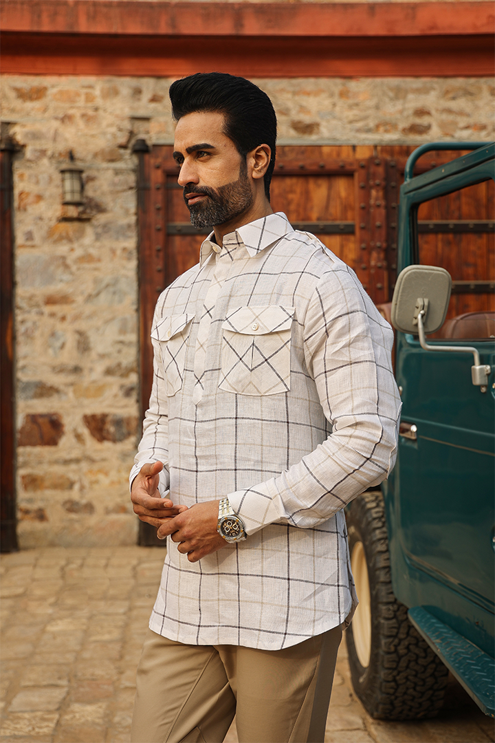 Beige Signature Multicoloured Big Checkered Linen Kurta Shirt