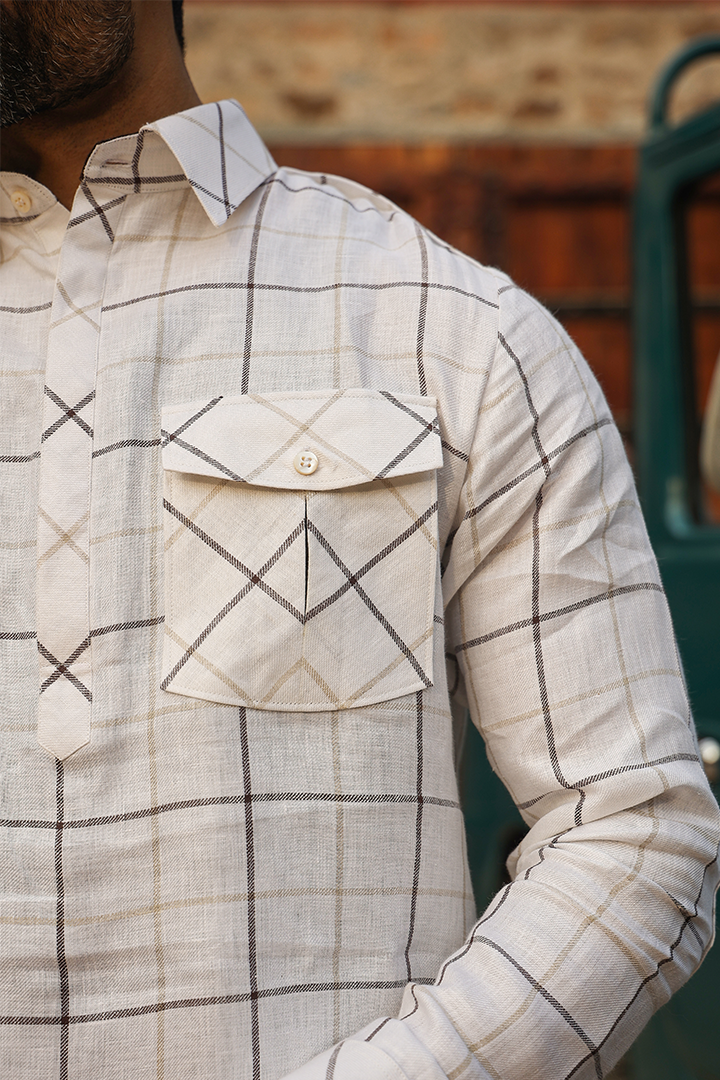 Beige Signature Multicoloured Big Checkered Linen Kurta Shirt