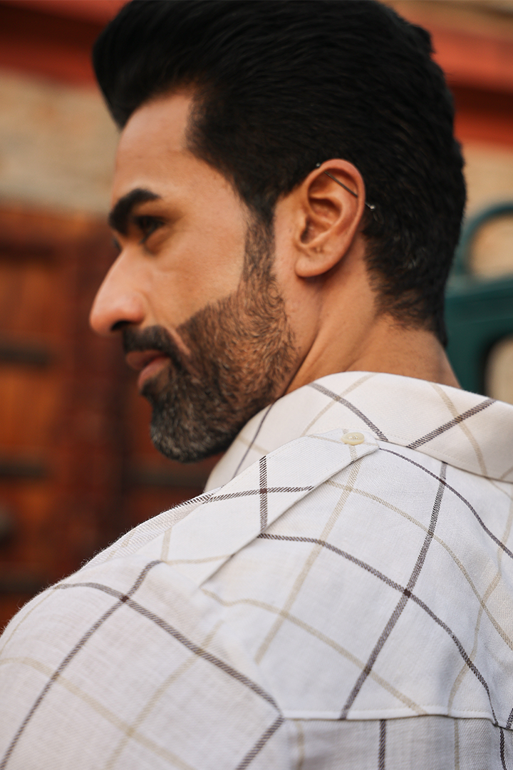 Beige Signature Multicoloured Big Checkered Linen Kurta Shirt