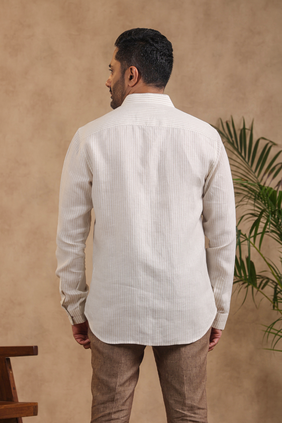 Full Sleeves Mandarin Collar Striped Shirt With Striped Yoke