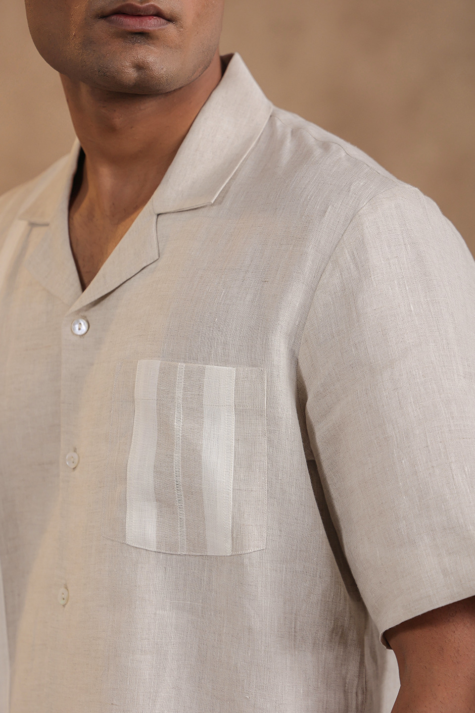 Beige Hawaiian Shirt With Striped Yokes