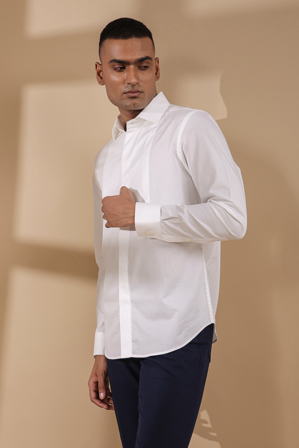 White Full Sleeves Textured Half Yoke Shirt