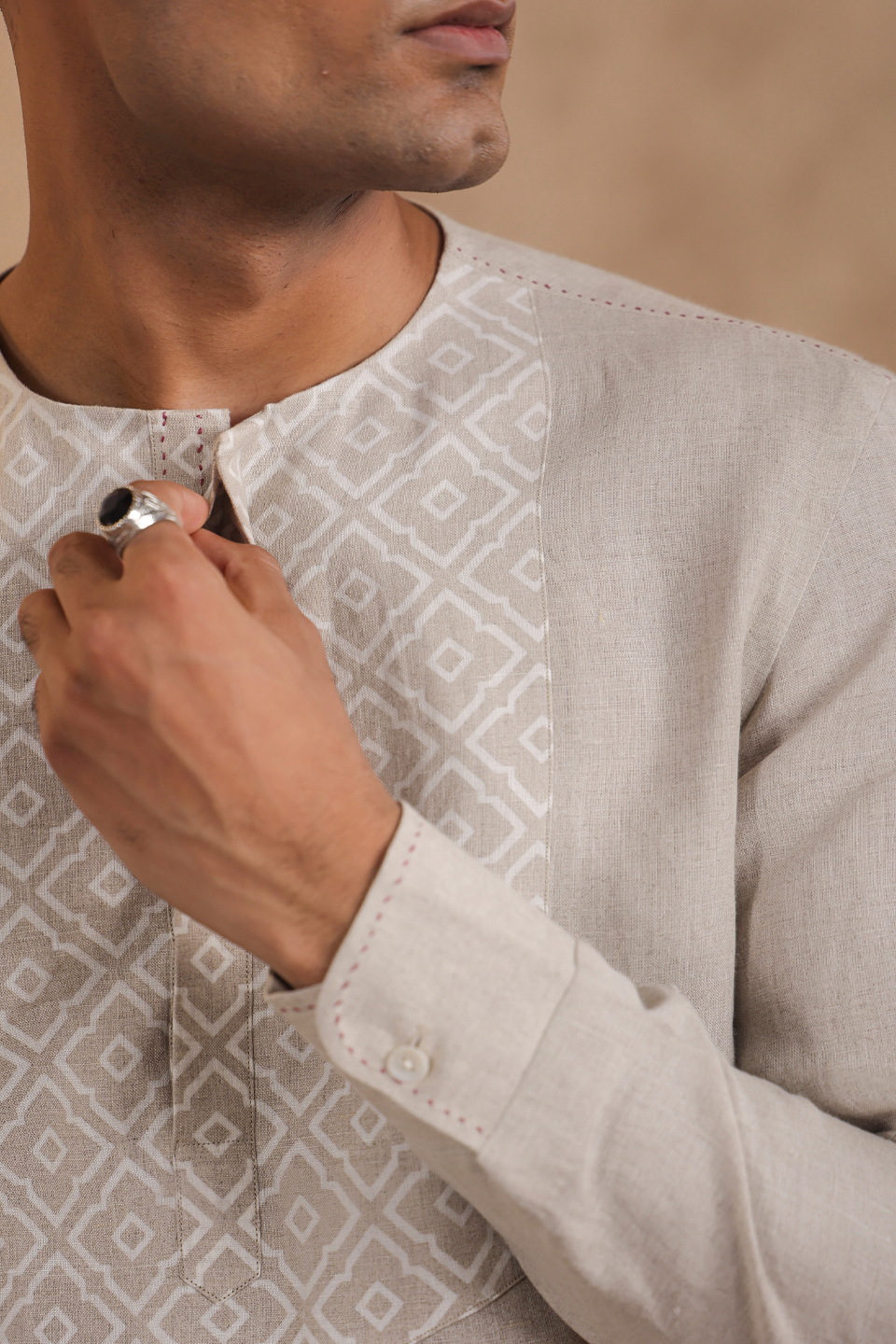 Full Sleeves Collarless Signature Kurta Shirt With Moroccan Yokes