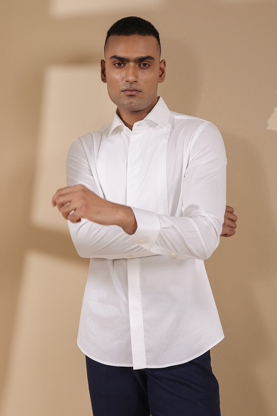 White Full Sleeves Textured Half Yoke Shirt