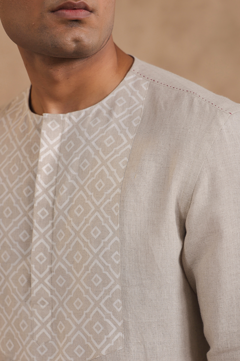 Full Sleeves Collarless Signature Kurta Shirt With Moroccan Yokes