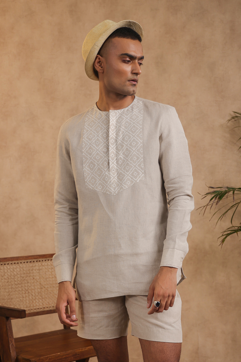 Full Sleeves Collarless Signature Kurta Shirt With Moroccan Yokes