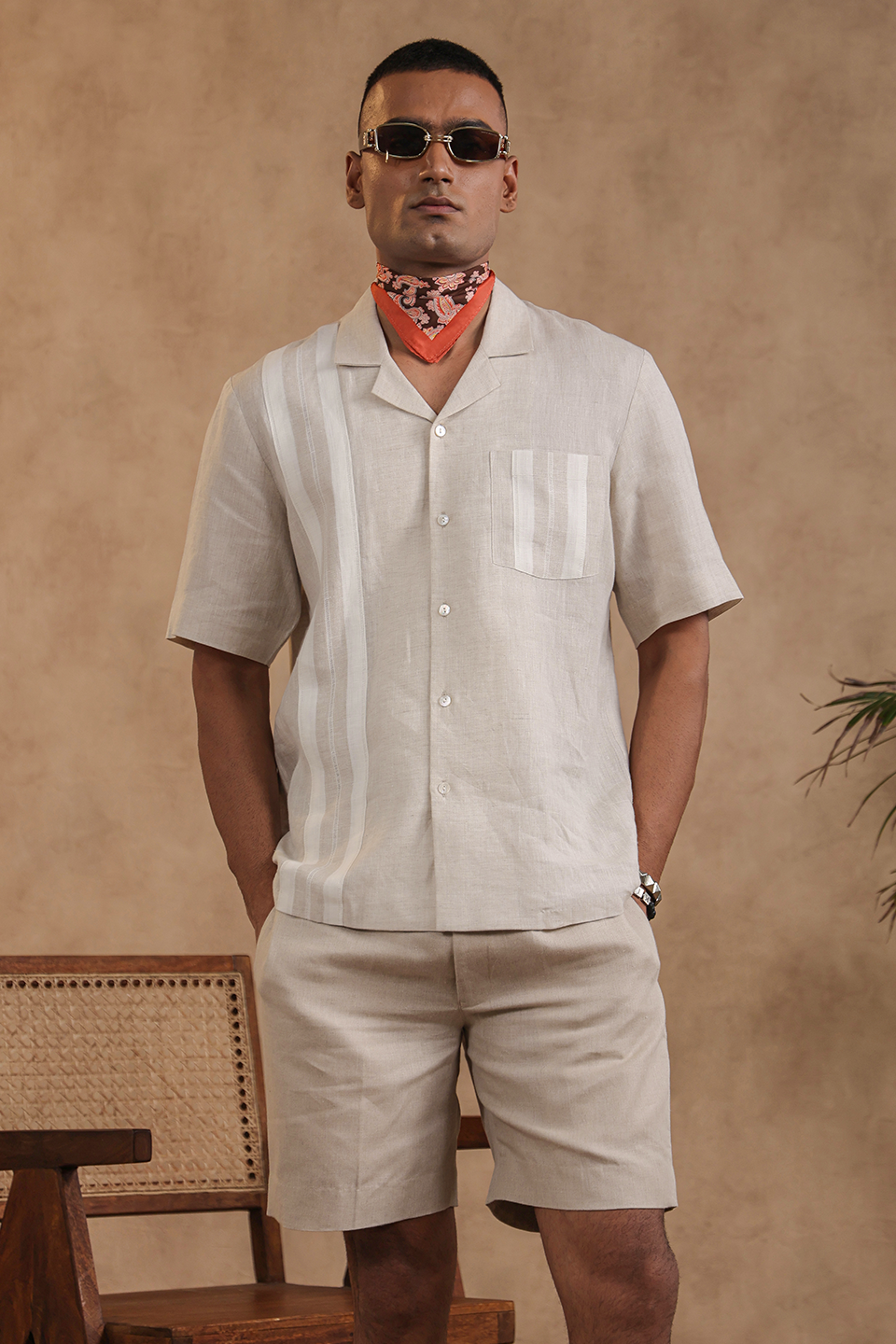Beige Hawaiian Shirt With Striped Yokes