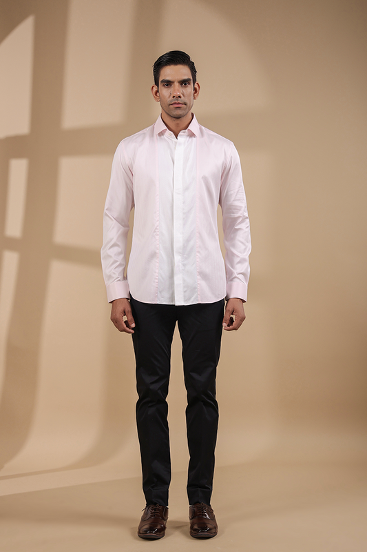Pink Full Sleeves Contrast Vertical Yoke Shirt