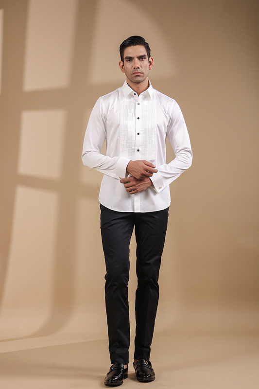 White Full Sleeves Pleated Tuxedo Shirt