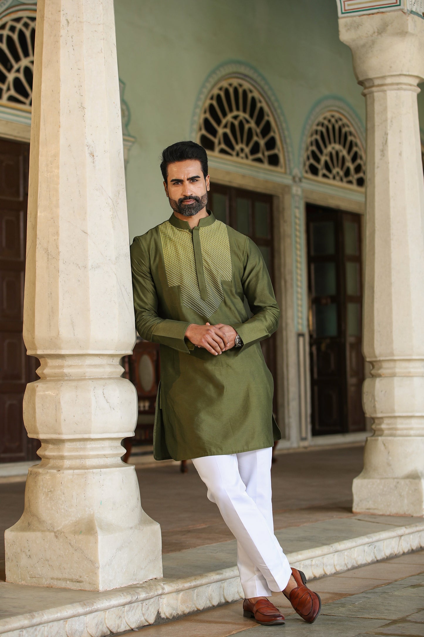 Green Cross Stitch Ombré Silk Kurta