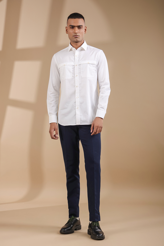 White Full Sleeves Patch Pocket Shirt