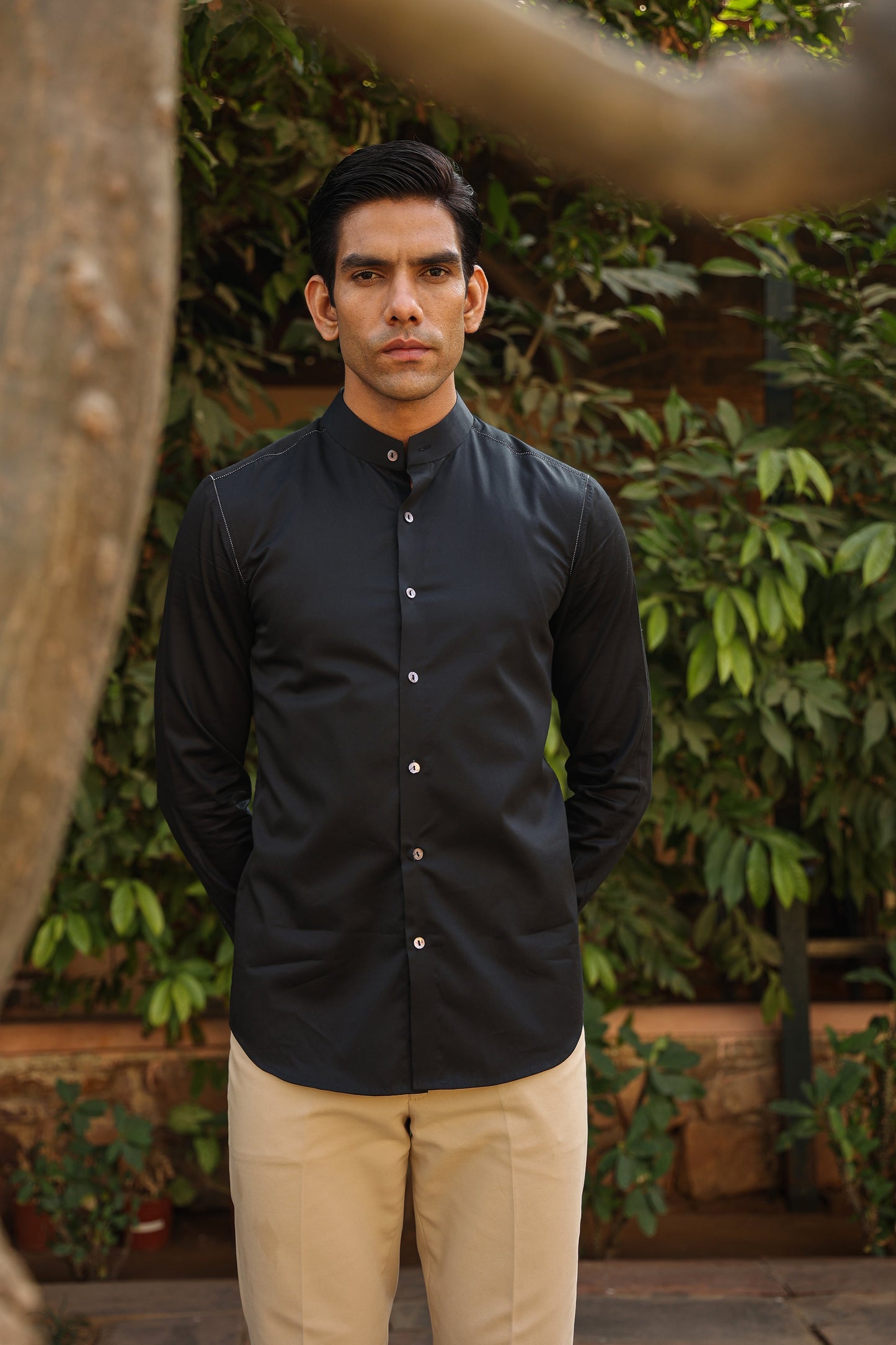 Black Mandarin Threadwork Shirt