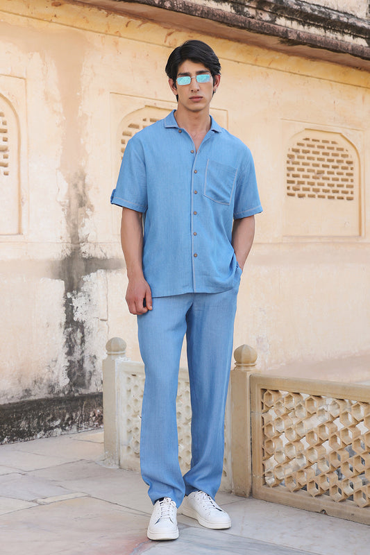 Light Blue Denim Cuban Collar Shirt