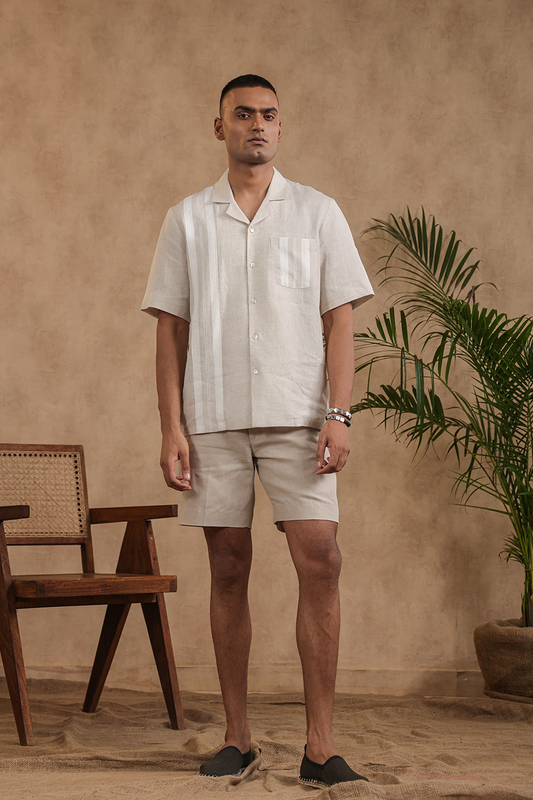 Beige Hawaiian Shirt With Striped Yokes