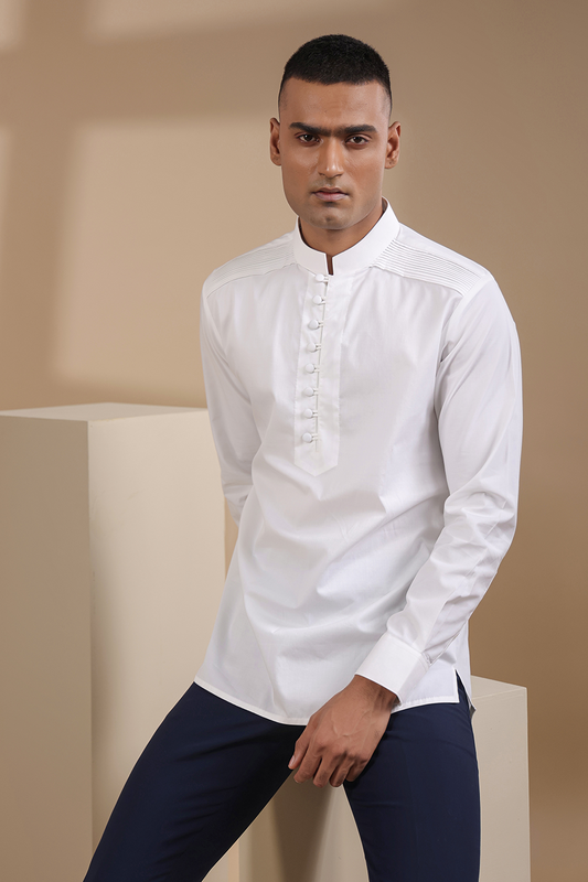 White Pintuck Signature Kurta Shirt