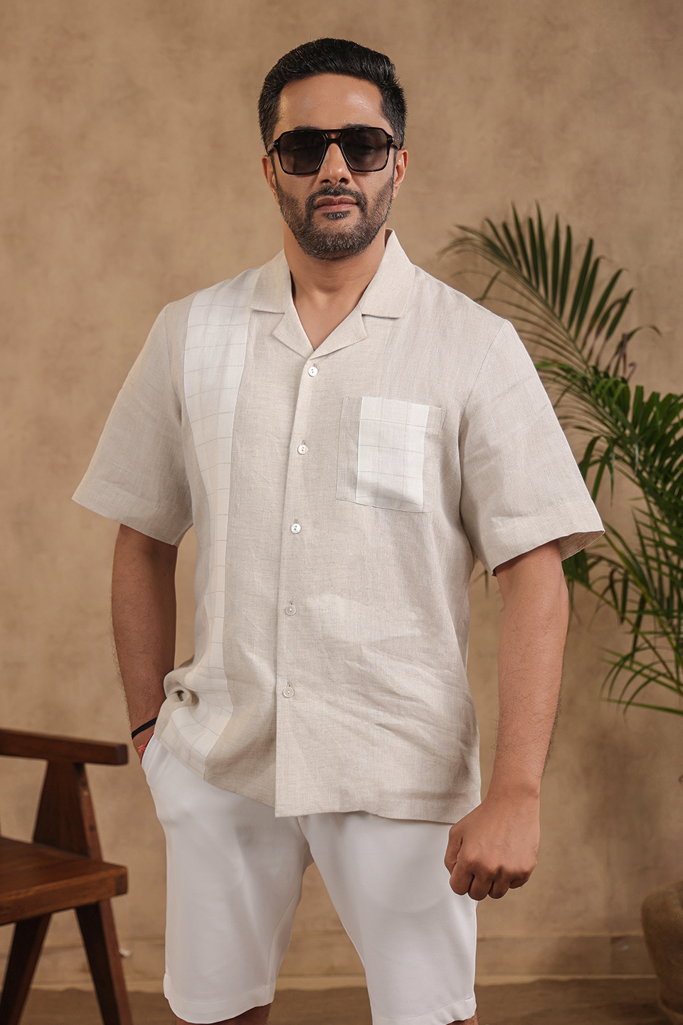 Beige Hawaiian Shirt With Checkered Yokes