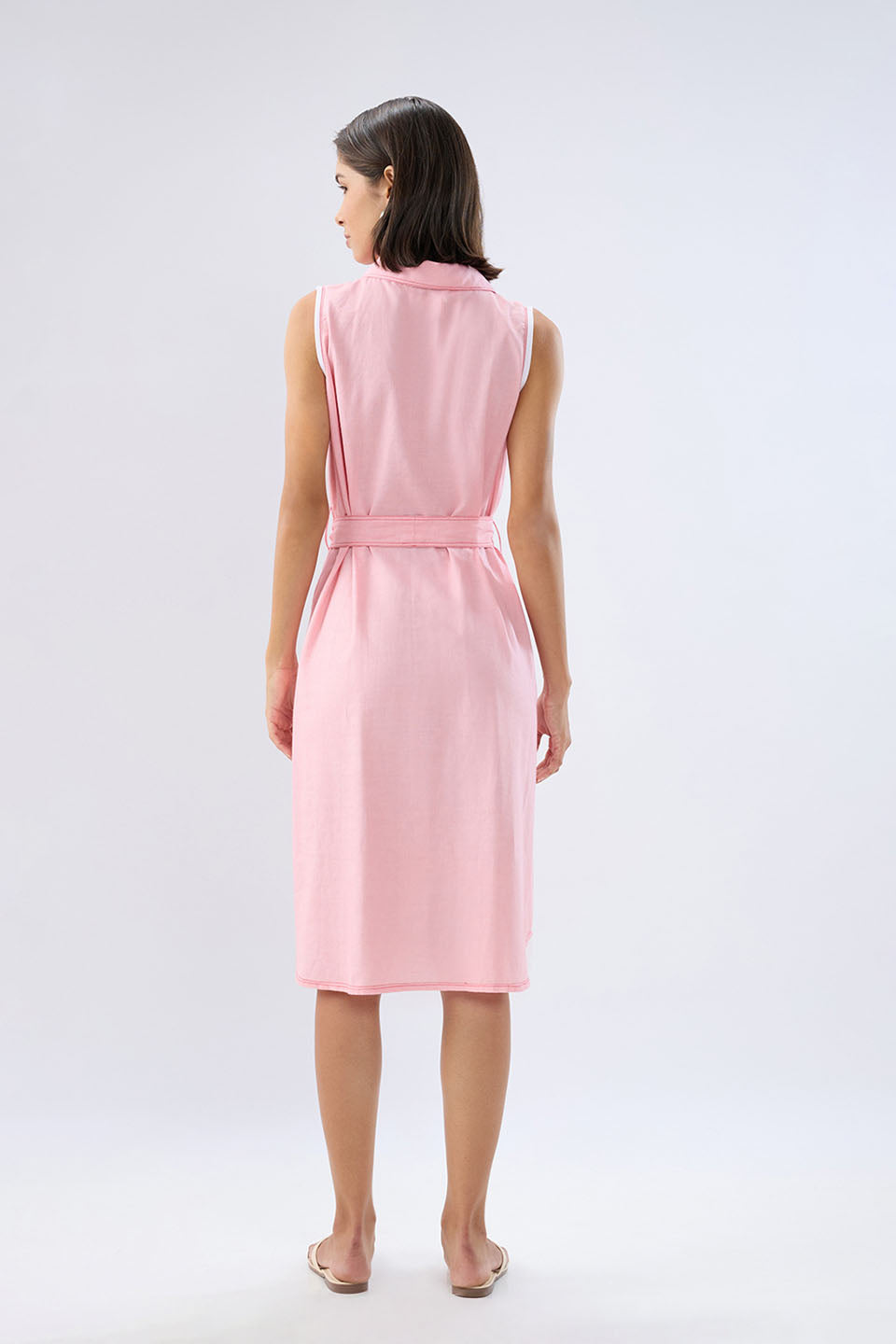 Pink Sleeveless A-line tie-up dress