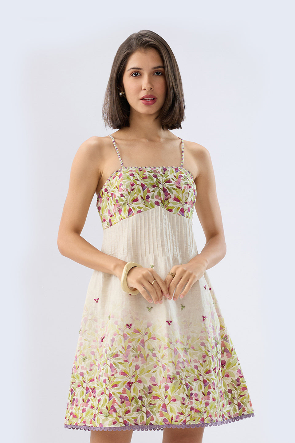 Ivory Pintuck Floral Mini Dress
