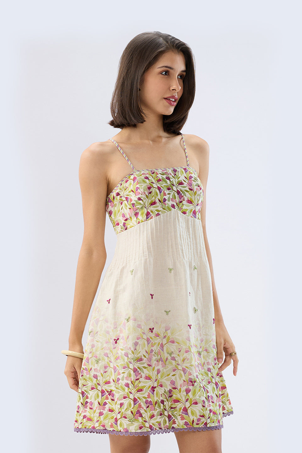 Ivory Pintuck Floral Mini Dress