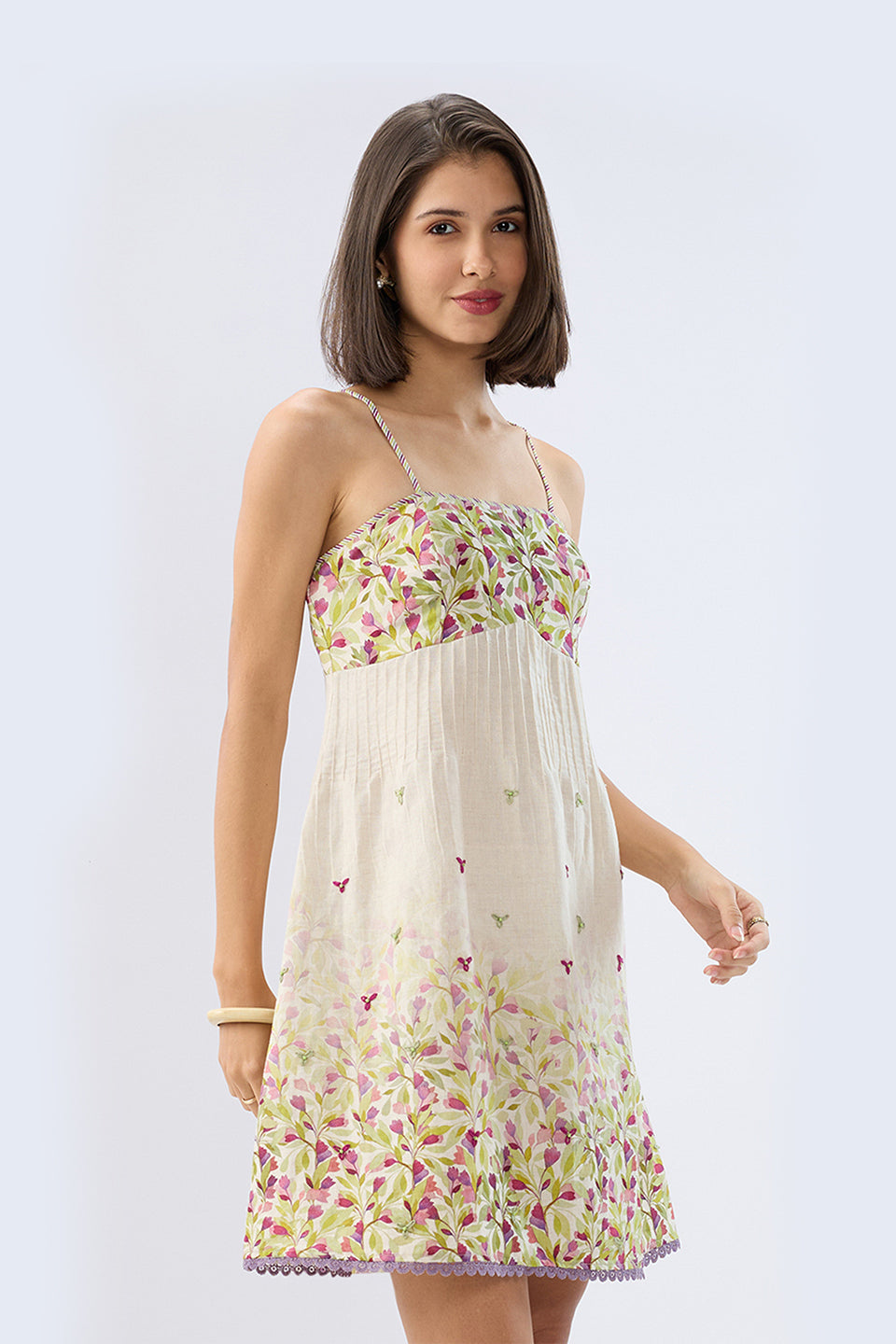 Ivory Pintuck Floral Mini Dress