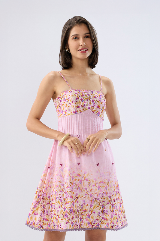 Pink Pintuck Floral Mini Dress