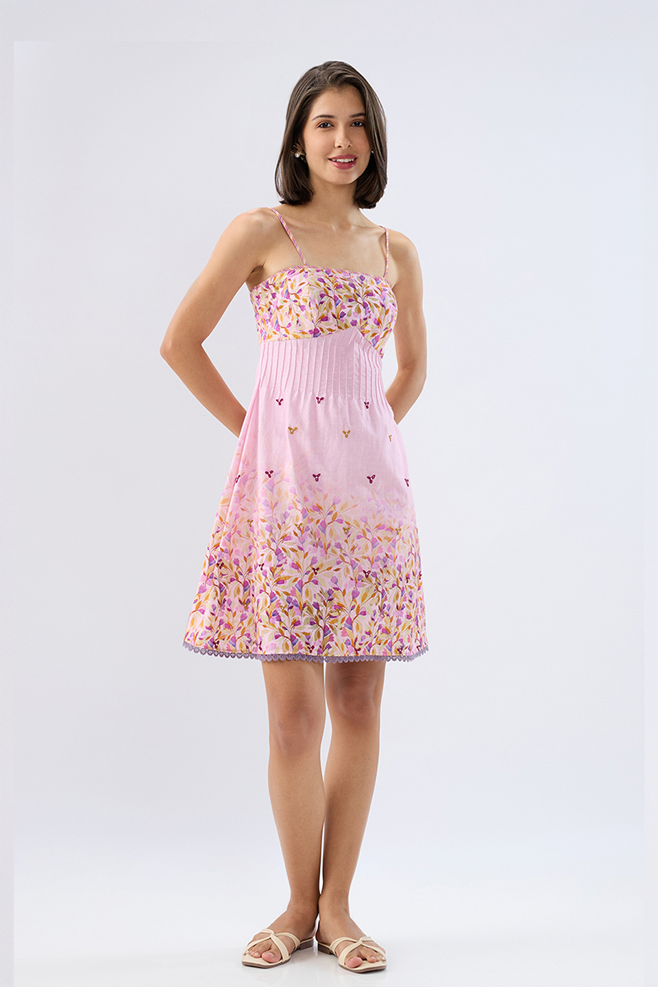 Pink Pintuck Floral Mini Dress