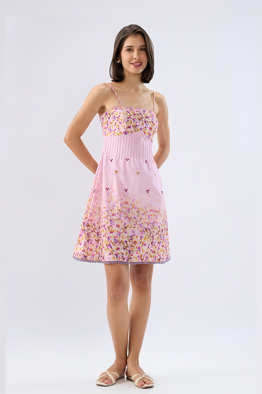 Pink Pintuck Floral Mini Dress