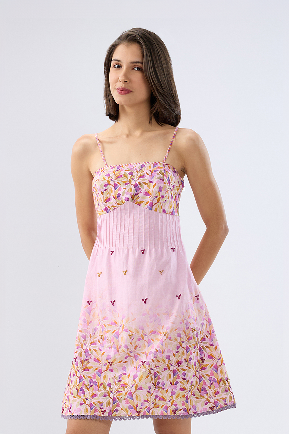 Pink Pintuck Floral Mini Dress