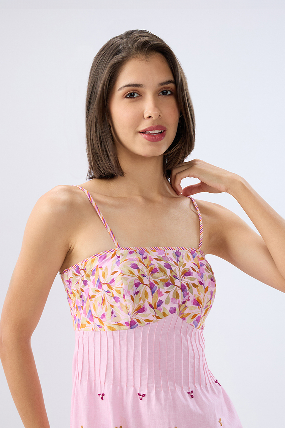 Pink Pintuck Floral Mini Dress