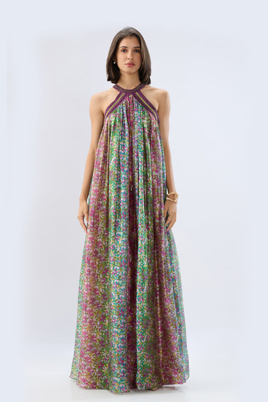 Multicolor Halter Neck Floral Maxi Dress